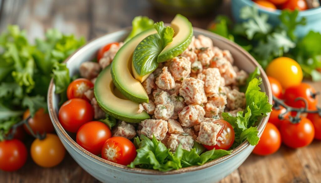 Tuna salad with avocado and greens