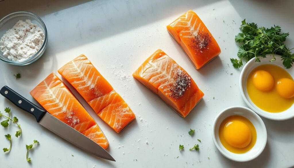 preparing salmon for frying