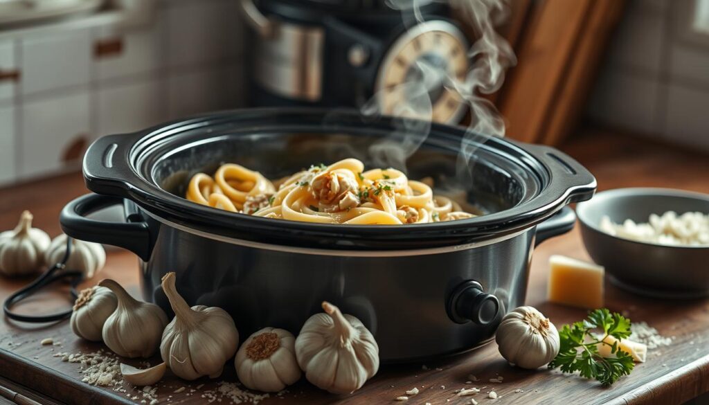 Crockpot Parmesan Garlic Chicken Pasta