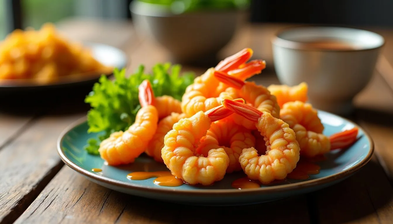 Close-up of golden Rock Shrimp Tempura and vibrant fried rice.