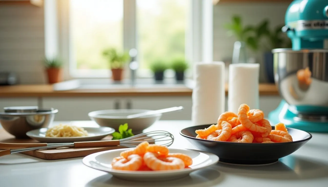 A kitchen counter is set up with ingredients and tools for making rock shrimp tempura.