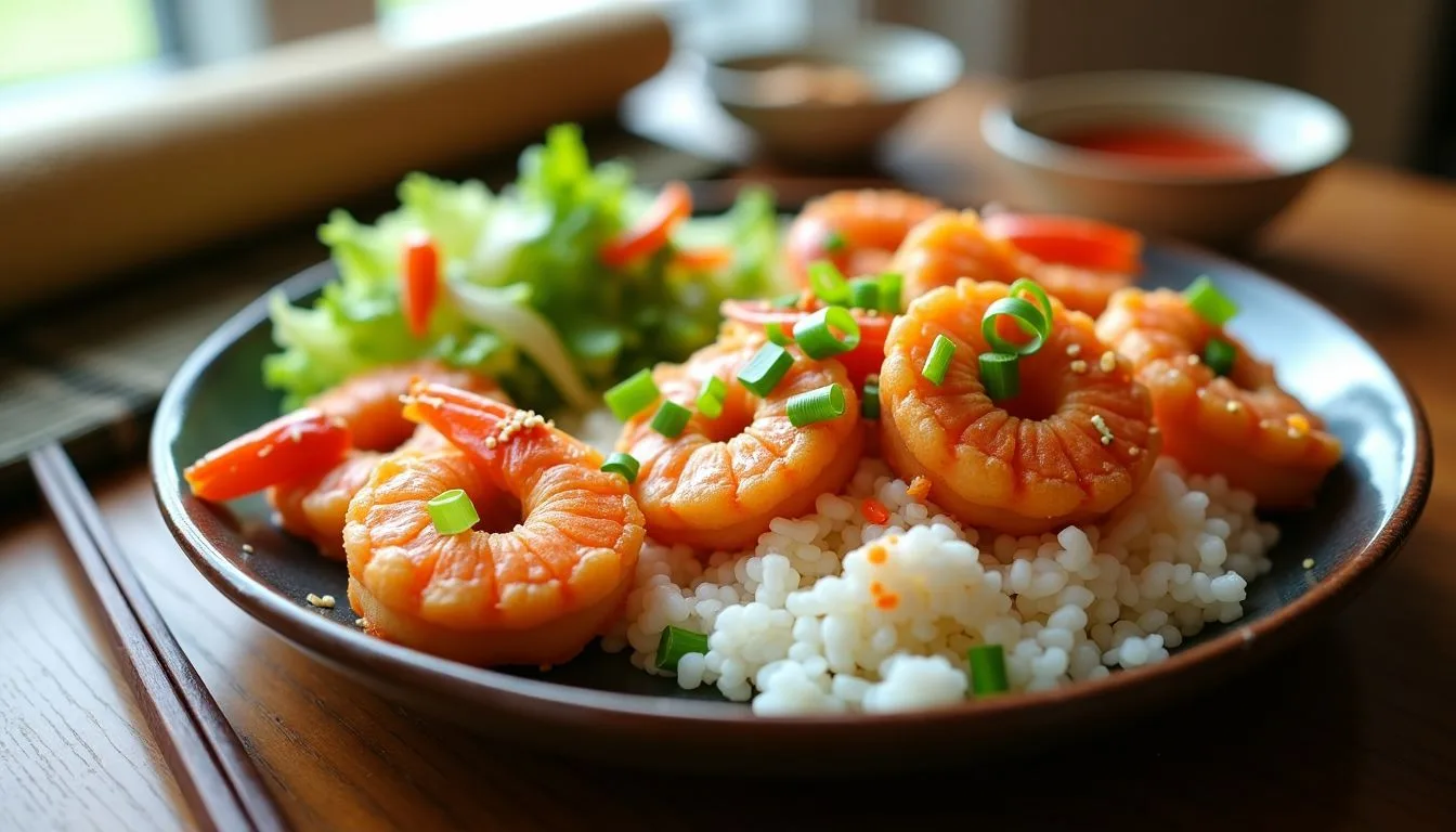 Close-up of a platter of baked Rock Shrimp Tempura with rice and vegetables.