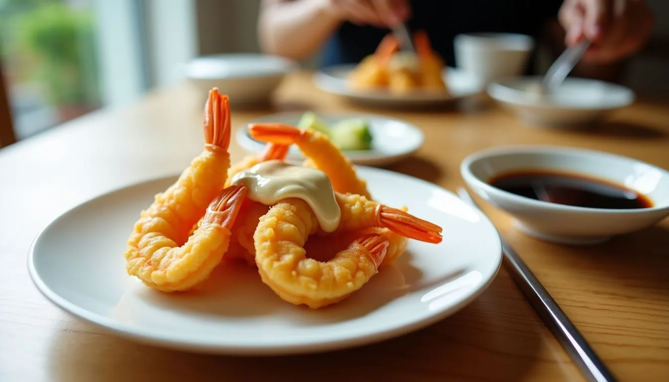 Close-up photo of crispy rock shrimp tempura with spicy mayo sauce.