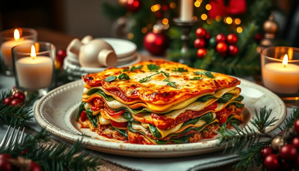 Christmas Dinner Lasagna made with fresh vegetables and rich cheeses