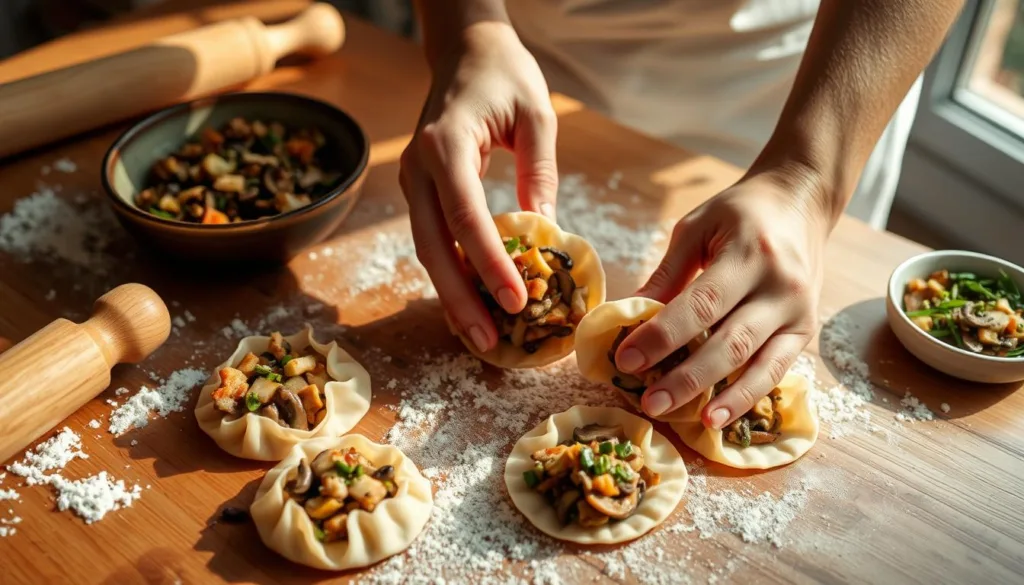 assembling vegan dumplings