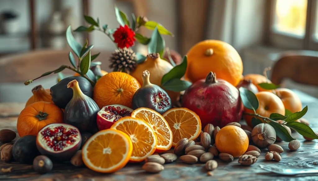 seasonal fruits and Greek nuts for breakfast